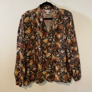 Stunt 2X‎ Brown Floral 100% Silk Blouse Vintage Button Front Boho